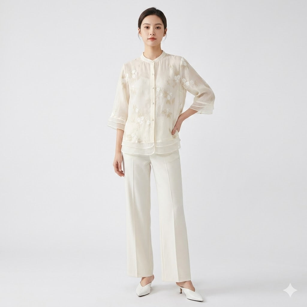 Theodora Ashford | Broderet Bomuldsbluse med Volumenærmer