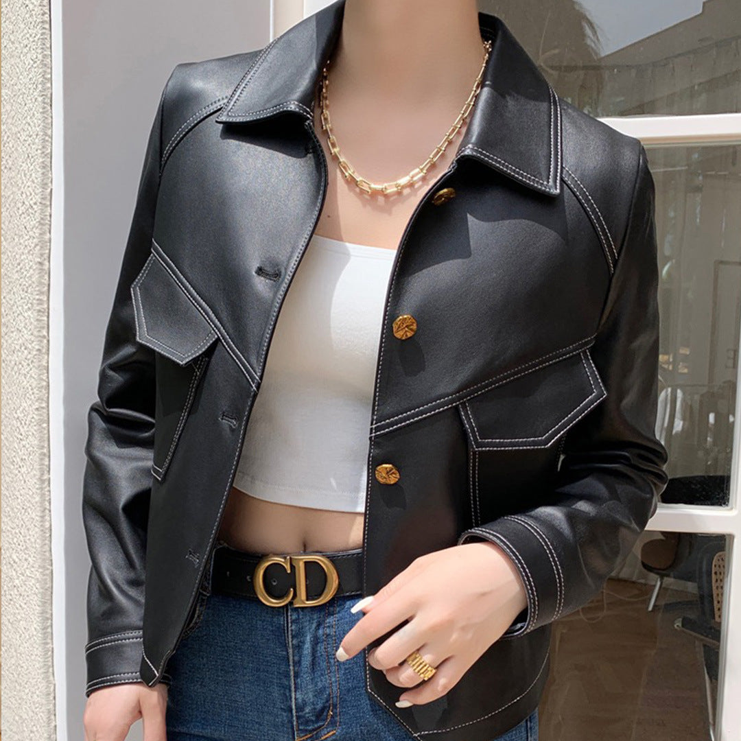 Sara Pedersen | Cognac brown leather jacket with belt collar