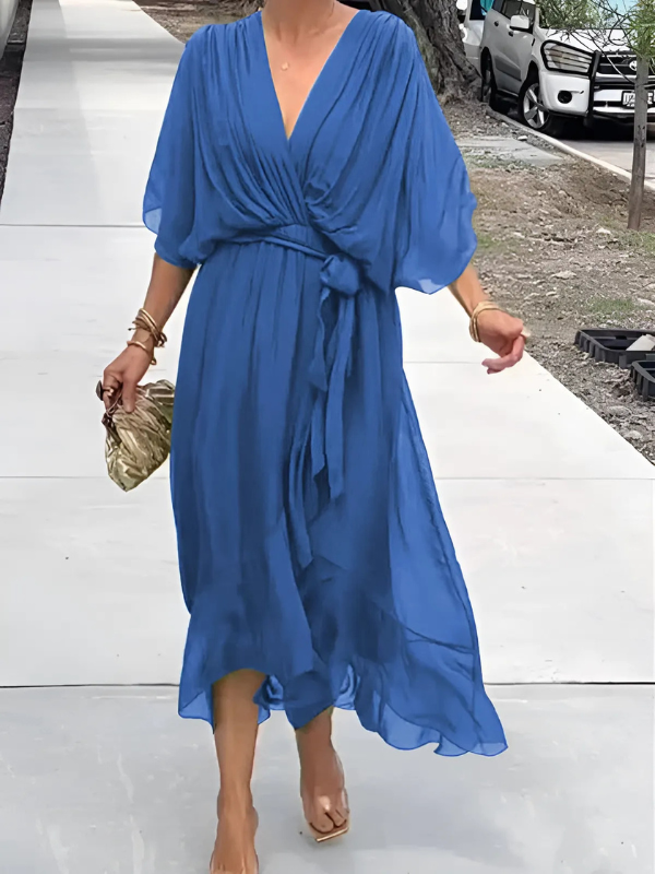 Natalia Bergland | Midi-Omslagskjole i Navy med Wrap-Design