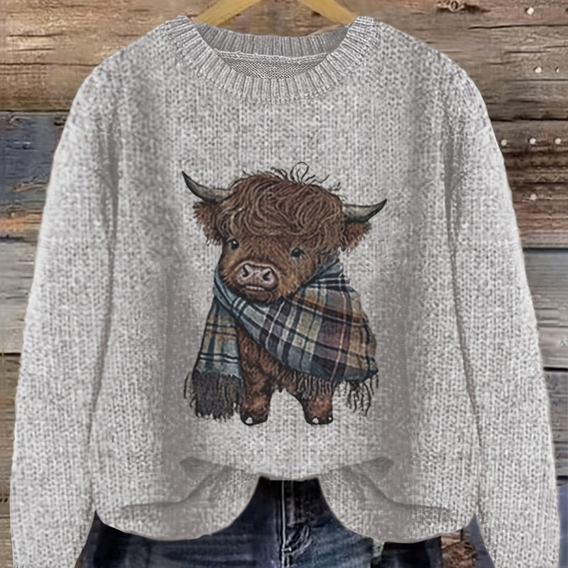 Gry Ottesen | Grov-strikket Sweater med Highland Ko-motiv