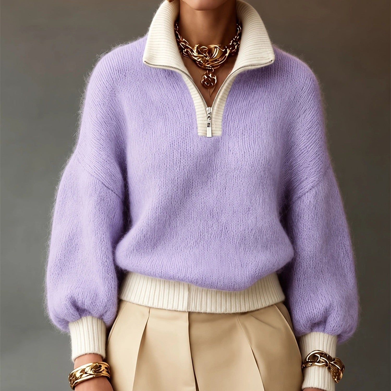 Anja Fisker | Weicher Strickpullover mit Reißverschluss in Lavendel