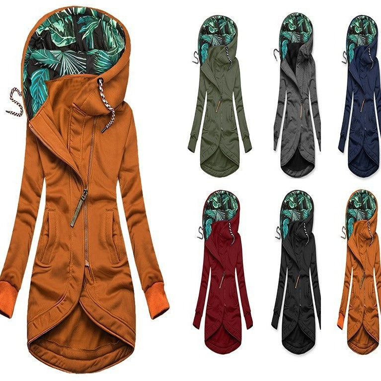 Karen Bruun | Cognac hoodie-jakke med bladprint og lange ærmer