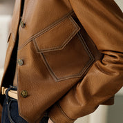 Sara Pedersen | Cognac brown leather jacket with belt collar