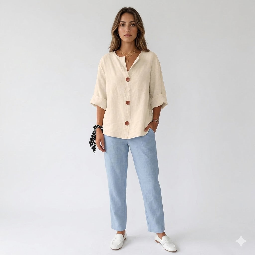 Roselia Pemburst | Løs Casual Bluse med Knapper til Kvinder
