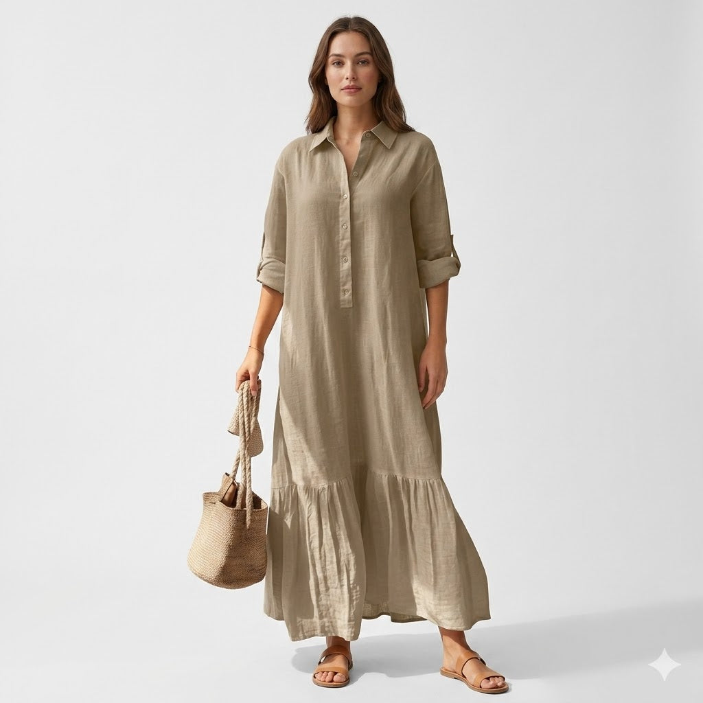 Carlotta Pembroke | Løs Maxikjole i Beige Linen