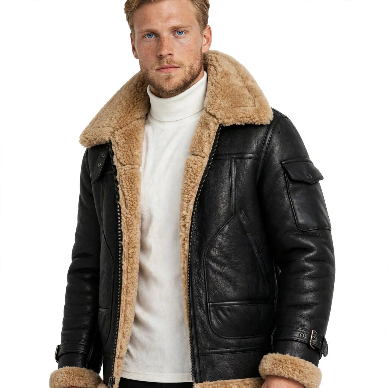 Anders Bruun | Aviator-Lederwinterjacke mit Lammfellkragen