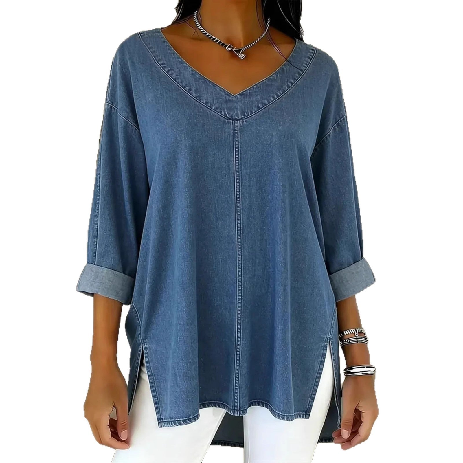 Paloma Durand | Oversized denim top med V-hals og 3/4-ærmer til kvinder
