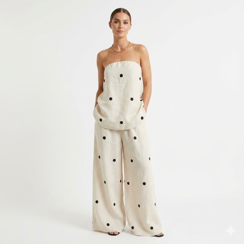 Giulia Santoro | Polka Dot Outfit Set med Strapless Top og Vide Bukser