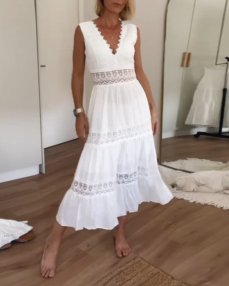 Angelica Rossini | Midi-sommerkjole i hvidt med blonder og V-hals