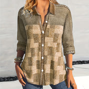 Line Petersen | Bluse i denim-patchwork print til kvinder