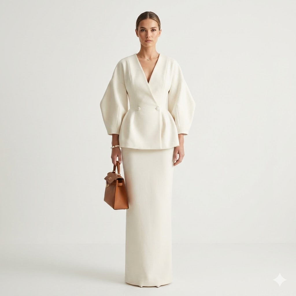 Marisa Vincenti | Elegant to-delt sæt med figursyet blazer og maxi-nederdel