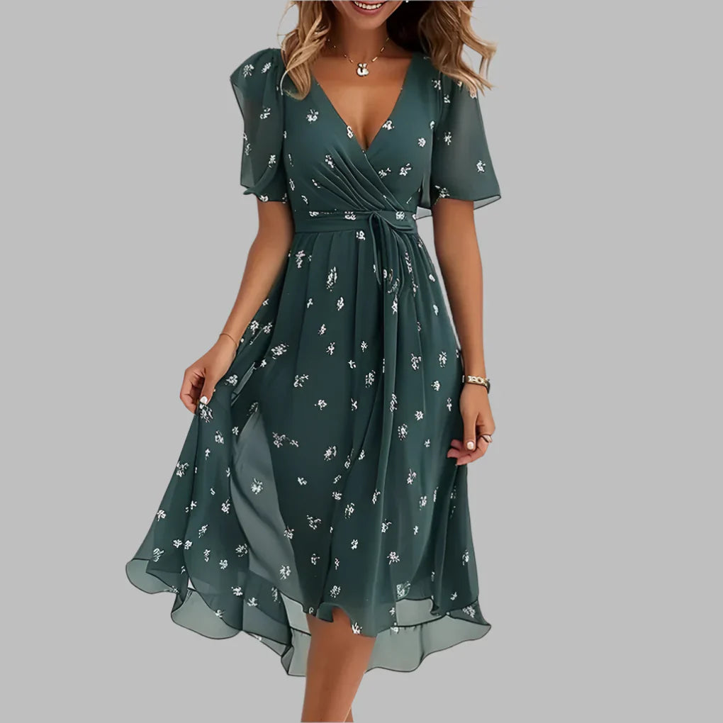 Isabella Moreau | Floral luksus midi kjole med ruching