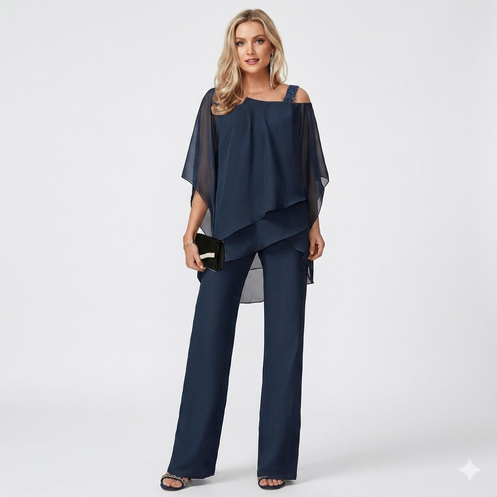 Adrienne Salvatore | Elegante to-delt sæt med asymmetrisk chiffon-overdel og vide bukser