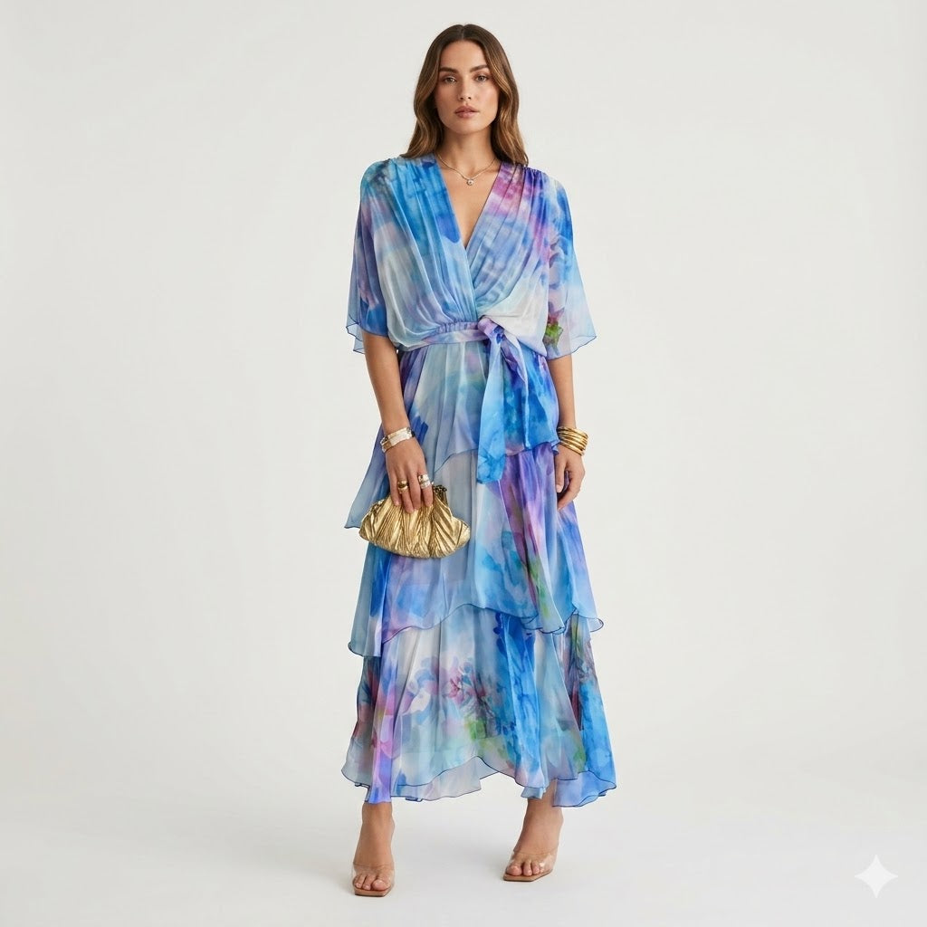 Theodora Waverly | Lagdelt Blomstret Maxi-kjole i Silke
