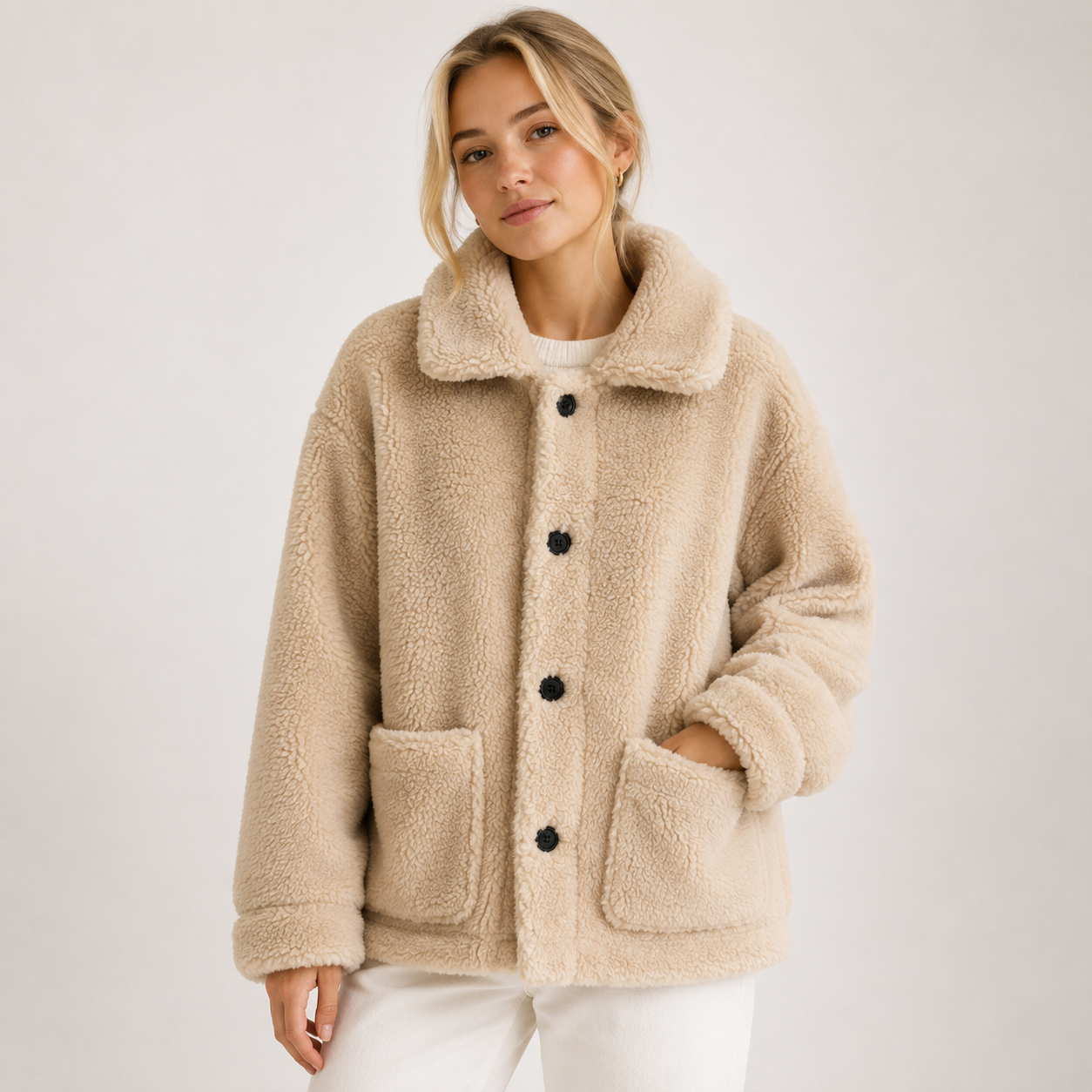 Anna Solberg | Teddy-frakke i pink shearling-look