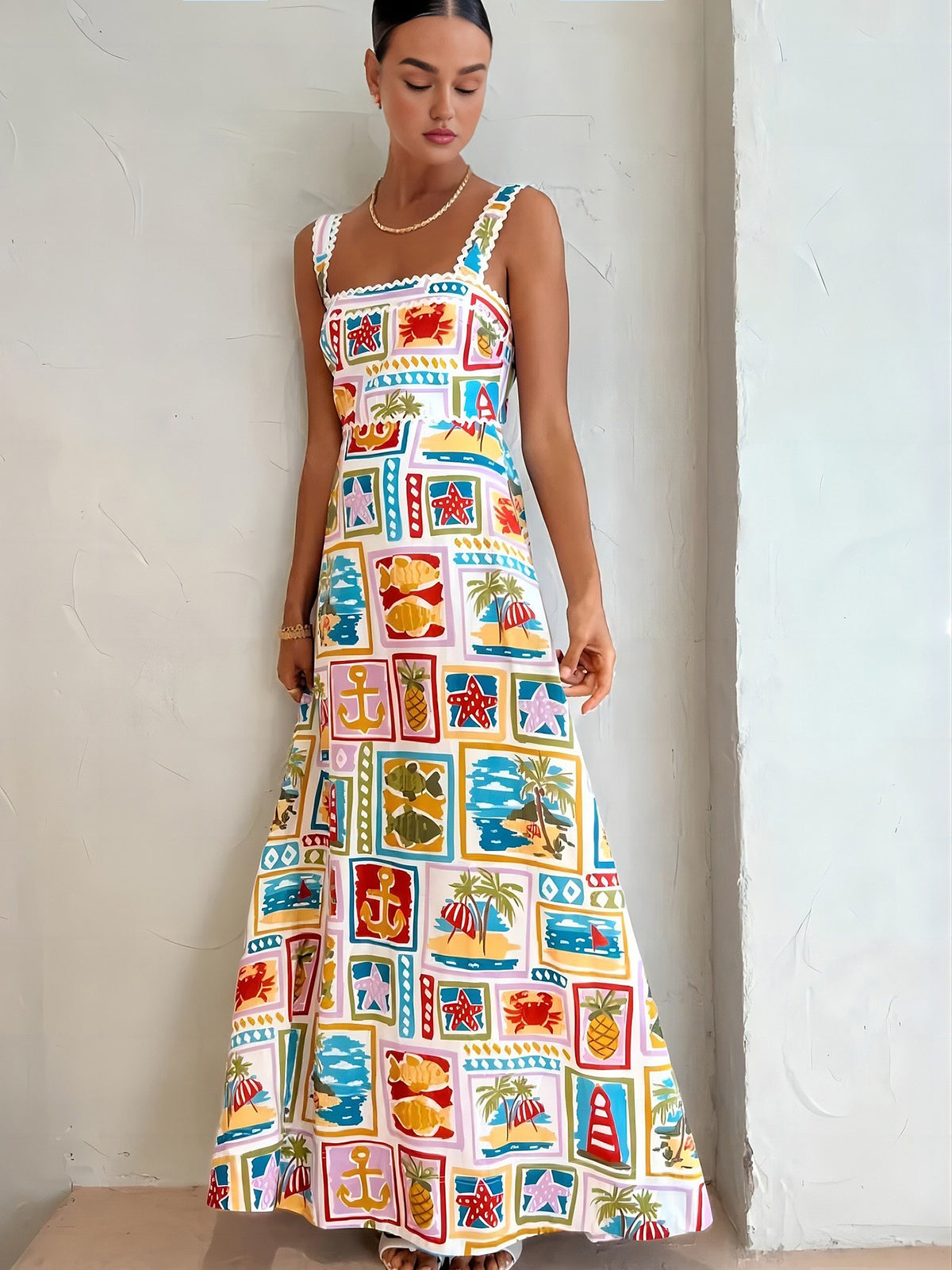 Lucia Rossi | Maxi-sommerkjole med farverig ferietema-print