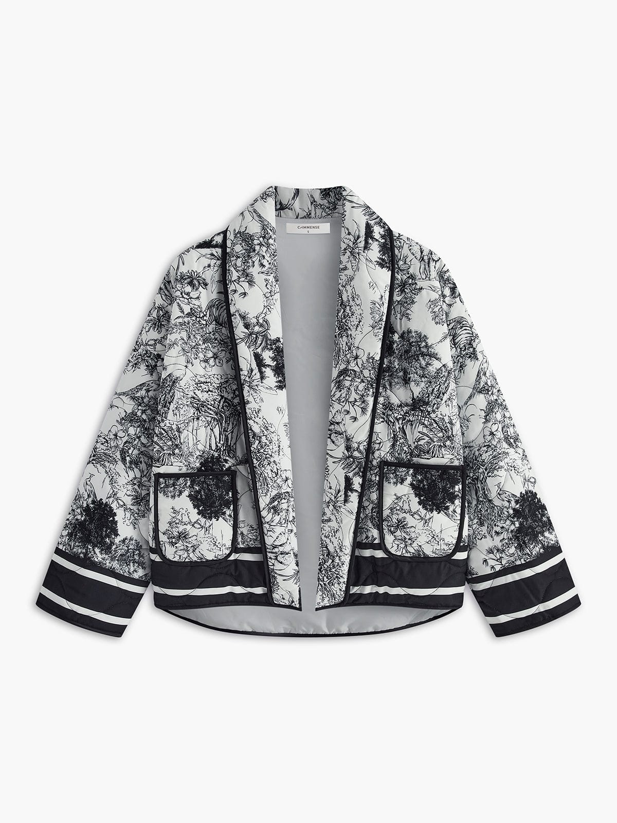 Constance Adelaide | Sort-hvid toileprint quiltet jakke med kontrastpiping