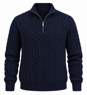 Kasper Wittrup | Kabelstrikket Sweater med Halv-Lynlås i Marineblå