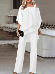 Adrienne Salvatore | Elegante to-delt sæt med asymmetrisk chiffon-overdel og vide bukser