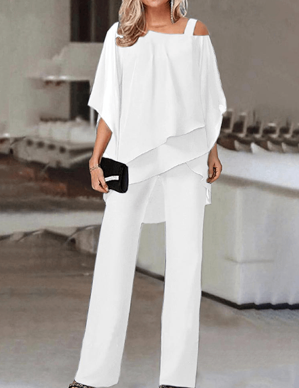 Adrienne Salvatore | Elegante to-delt sæt med asymmetrisk chiffon-overdel og vide bukser