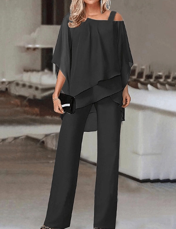 Adrienne Salvatore | Elegante to-delt sæt med asymmetrisk chiffon-overdel og vide bukser