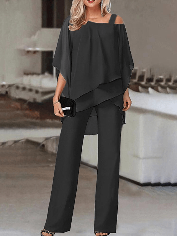 Adrienne Salvatore | Elegante to-delt sæt med asymmetrisk chiffon-overdel og vide bukser