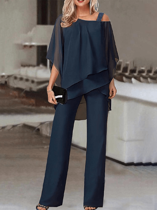 Adrienne Salvatore | Elegante to-delt sæt med asymmetrisk chiffon-overdel og vide bukser