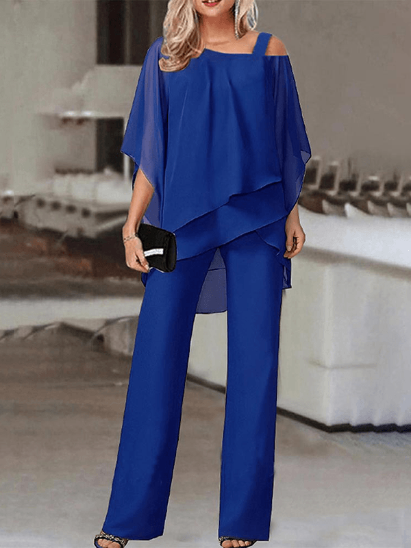 Adrienne Salvatore | Elegante to-delt sæt med asymmetrisk chiffon-overdel og vide bukser