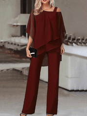 Adrienne Salvatore | Elegante to-delt sæt med asymmetrisk chiffon-overdel og vide bukser
