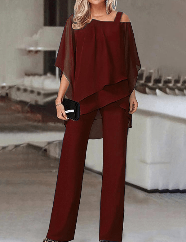 Adrienne Salvatore | Elegante to-delt sæt med asymmetrisk chiffon-overdel og vide bukser