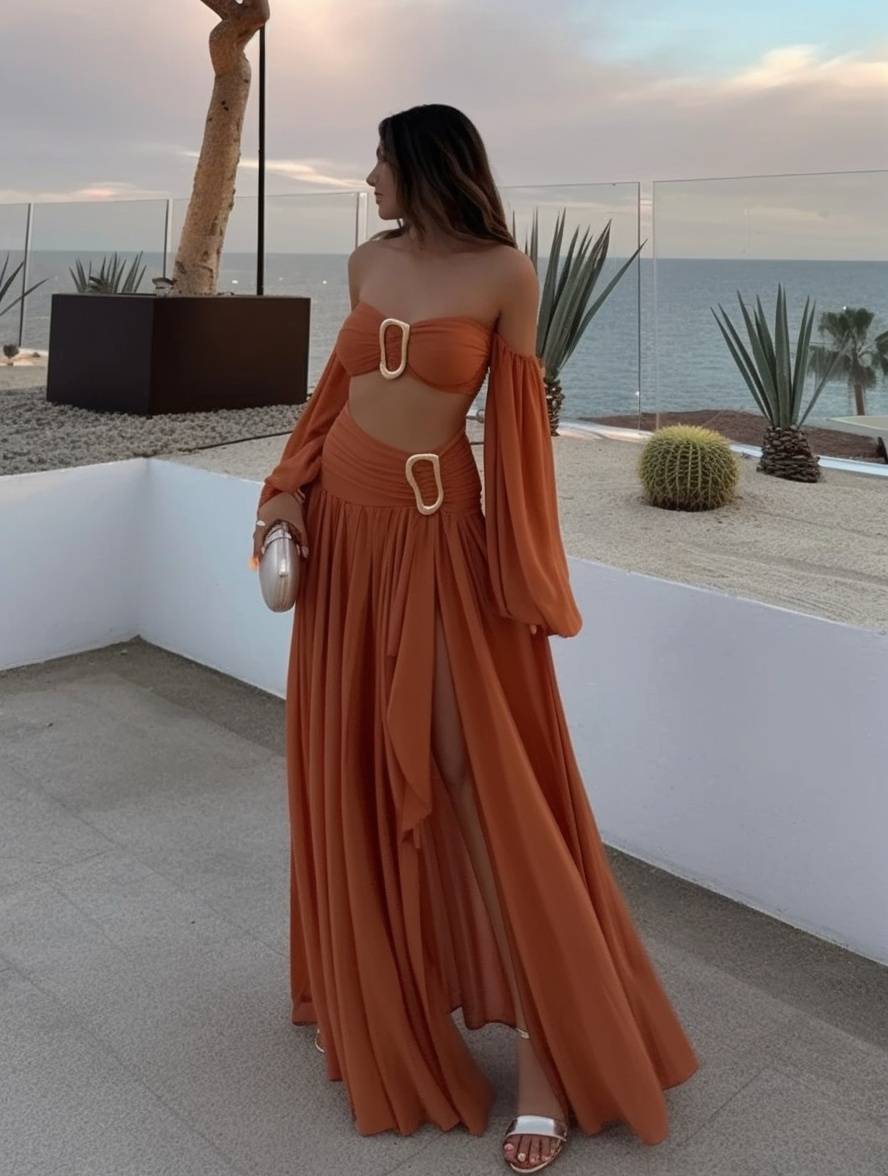 Livia Santorini | To-delt sommer sæt med off-shoulder top og maxi nederdel