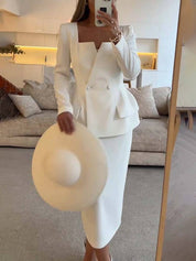 Emilia Russo | Maxi-outfit-sæt med dobbeltradet blazer og firkantet halsudskæring
