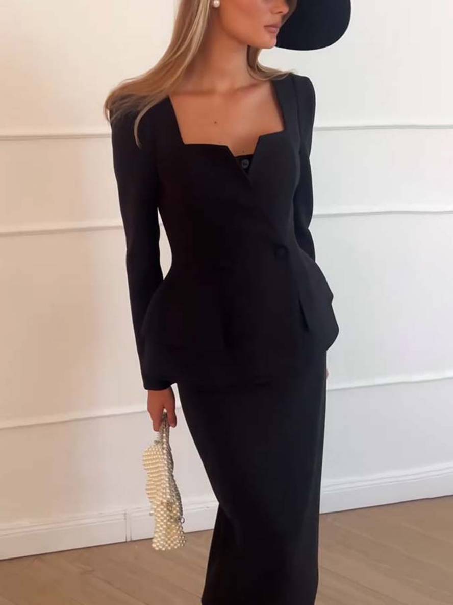 Emilia Russo | Maxi-outfit-sæt med dobbeltradet blazer og firkantet halsudskæring