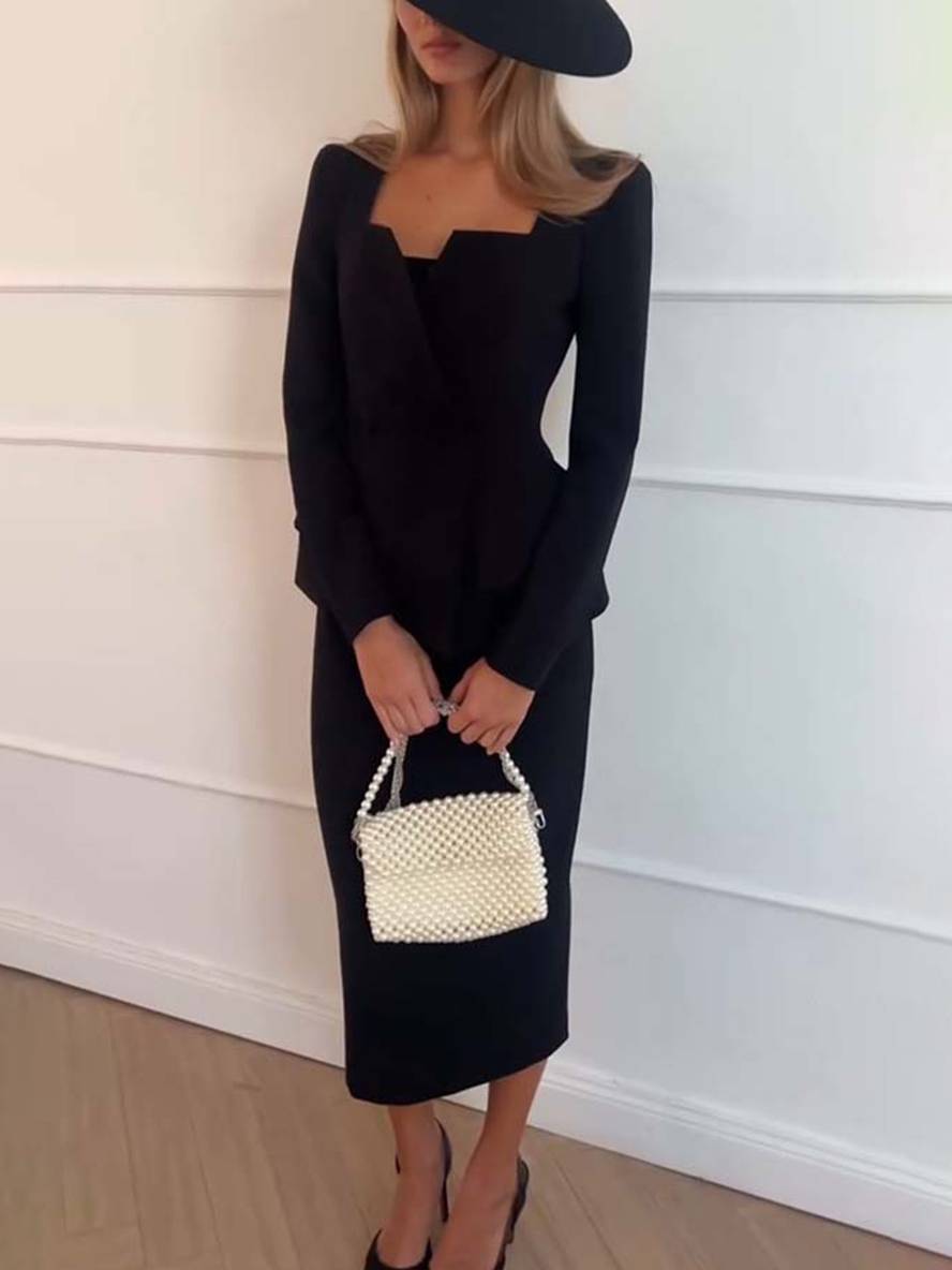 Emilia Russo | Maxi-outfit-sæt med dobbeltradet blazer og firkantet halsudskæring