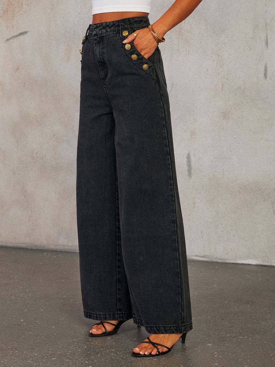 Gianna Moretti | Denim sæt med figursyet vest og vide bukser