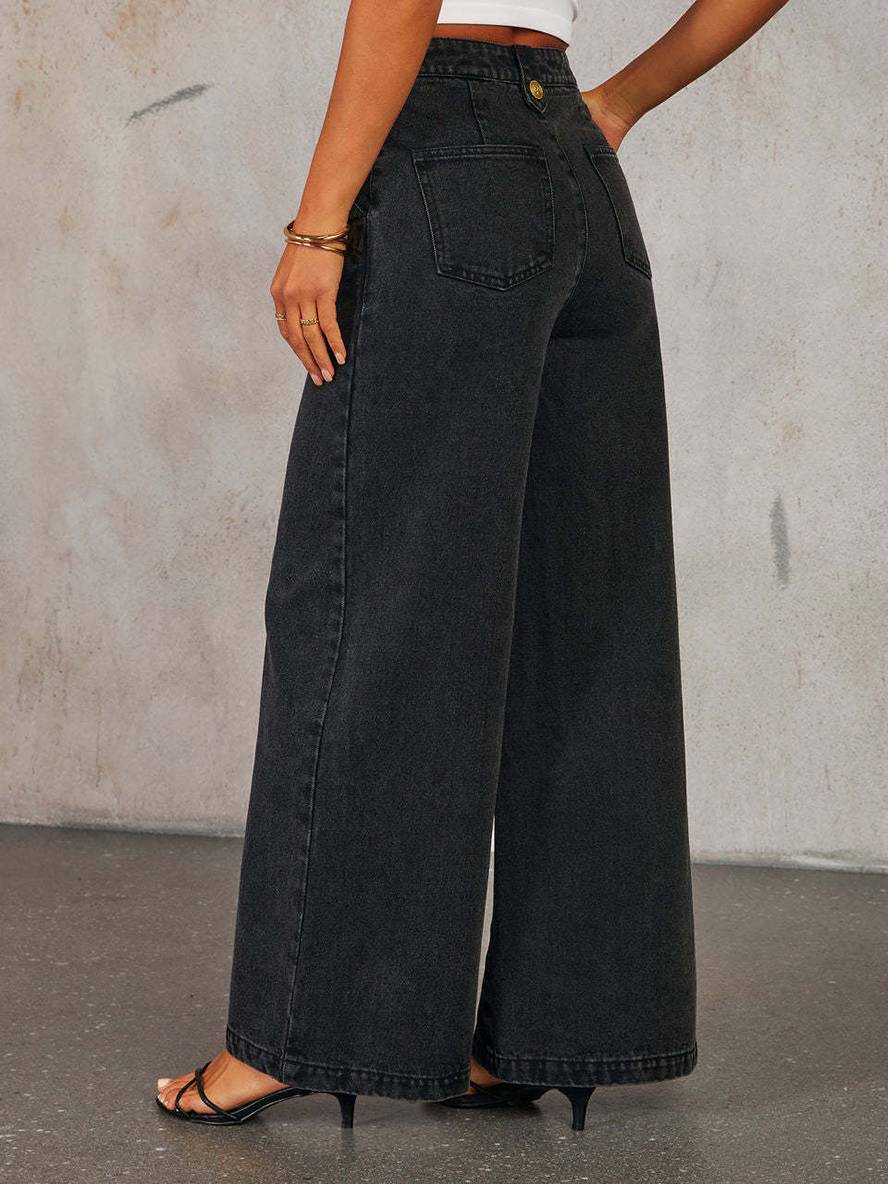 Gianna Moretti | Denim sæt med figursyet vest og vide bukser