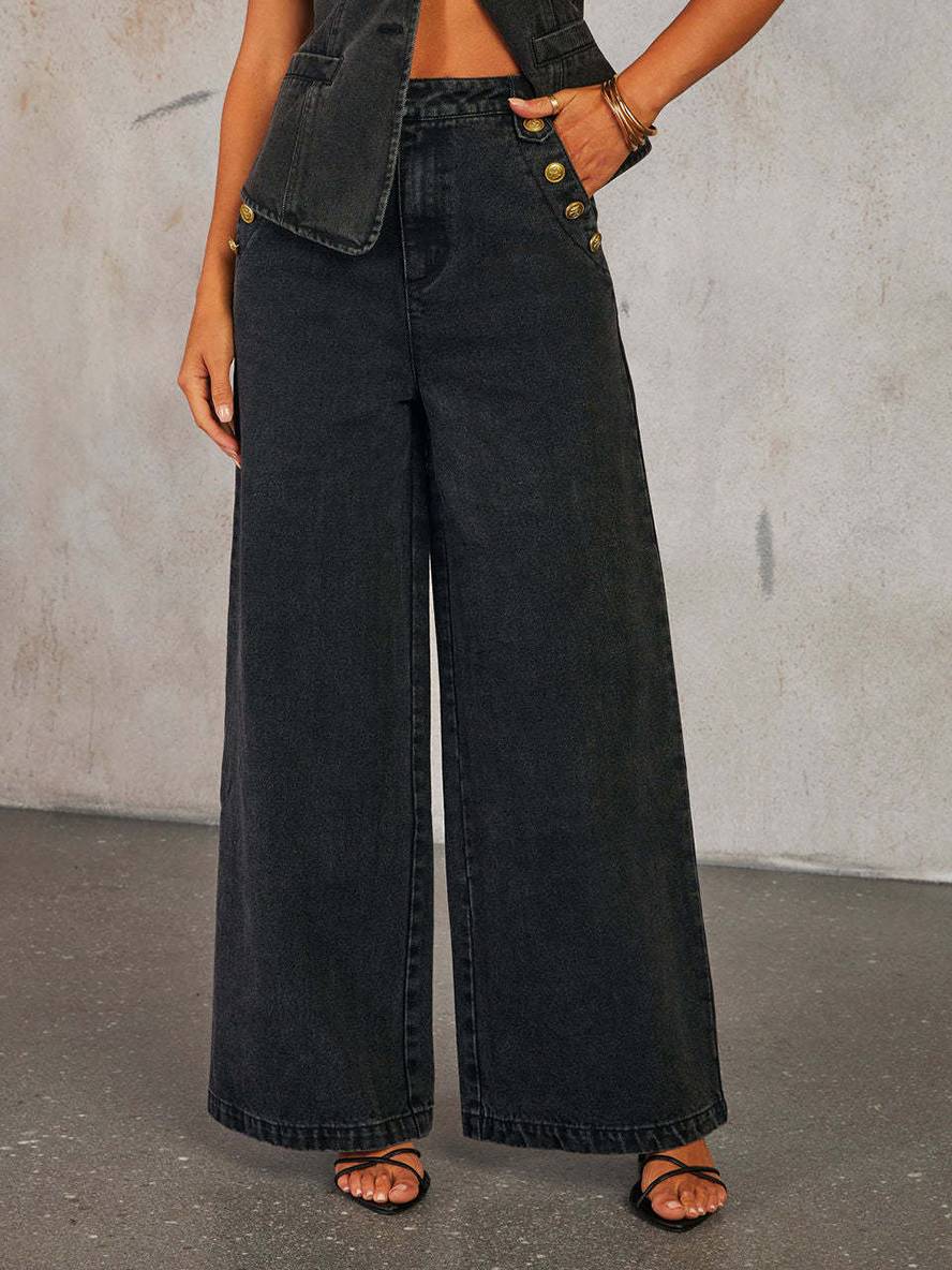 Gianna Moretti | Denim sæt med figursyet vest og vide bukser