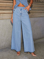 Gianna Moretti | Denim sæt med figursyet vest og vide bukser