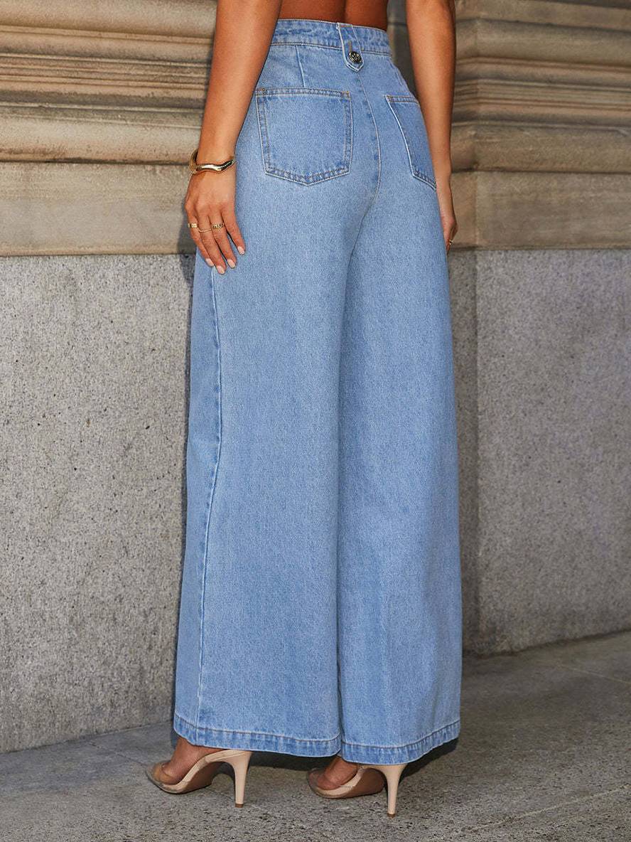 Gianna Moretti | Denim sæt med figursyet vest og vide bukser