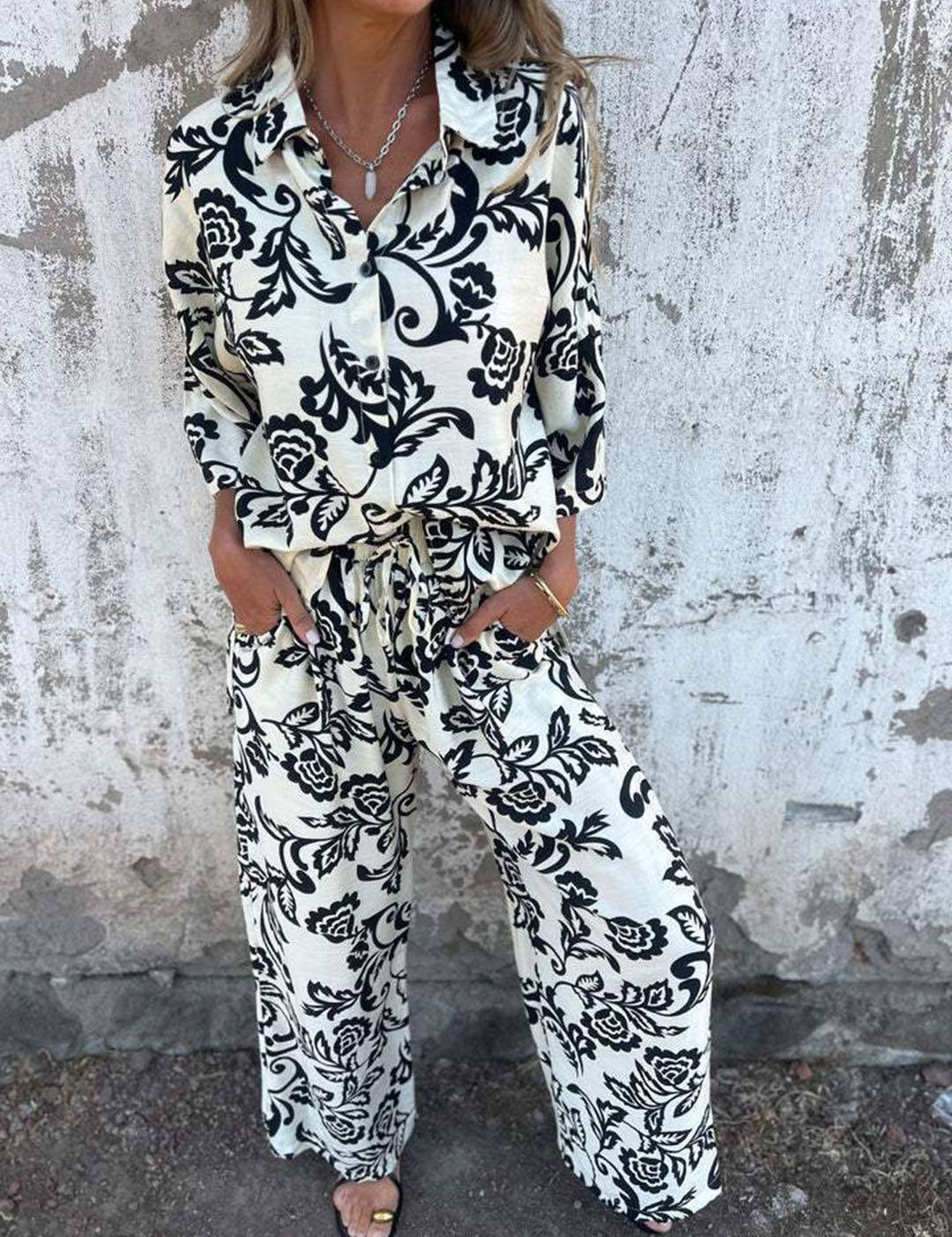 Leonora Benedetti | Botanisk linen-sæt med blouse og vide bukser