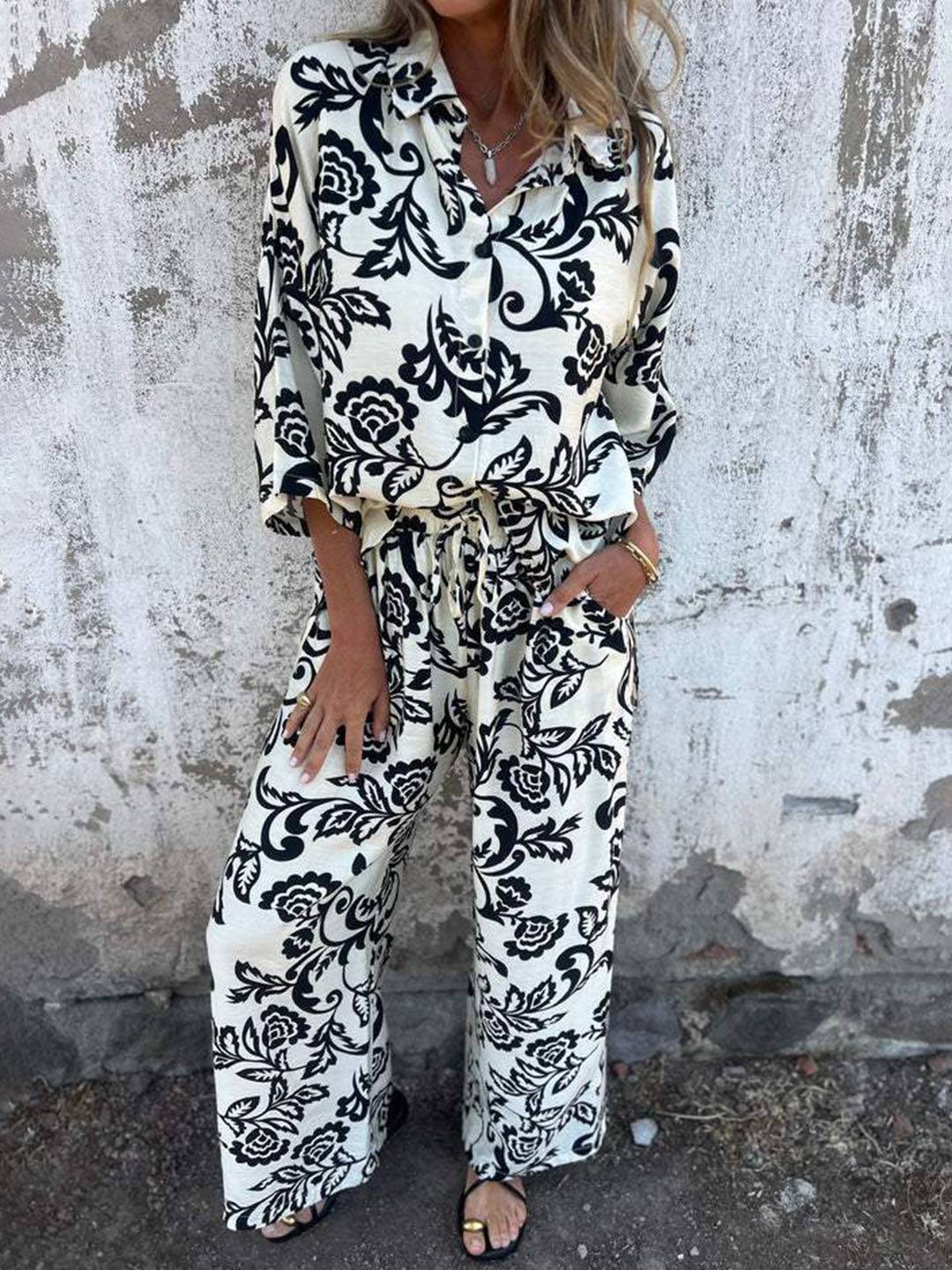 Leonora Benedetti | Botanisk linen-sæt med blouse og vide bukser