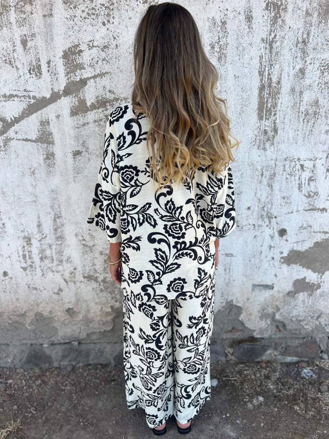 Leonora Benedetti | Botanisk linen-sæt med blouse og vide bukser