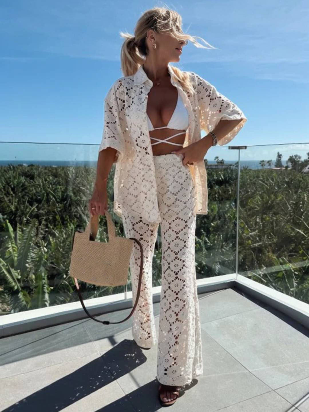 Sienna Moreau | Hæklet strand sæt med kimono og flared bukser
