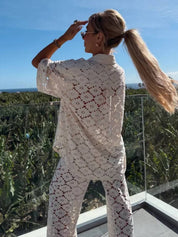 Sienna Moreau | Hæklet strand sæt med kimono og flared bukser