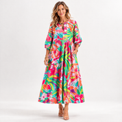 Camille Renard | Floral luksus midi kjole med pufærmer