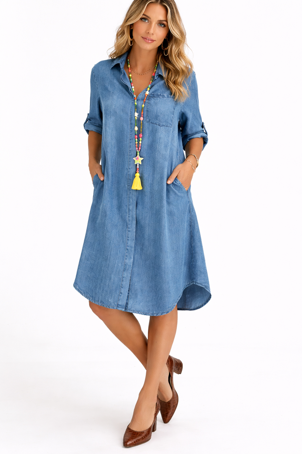 Sienna Rossi | Midi denim skjortekjole med tidløst snit