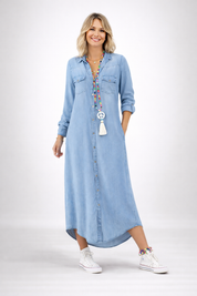 Giulia Moretti | Denim luksus blousekjole i midi-længde