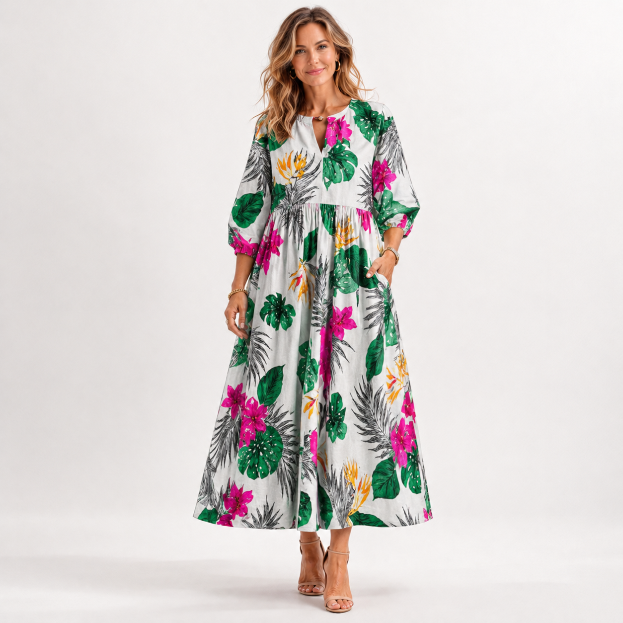Camille Renard | Floral luksus midi kjole med pufærmer