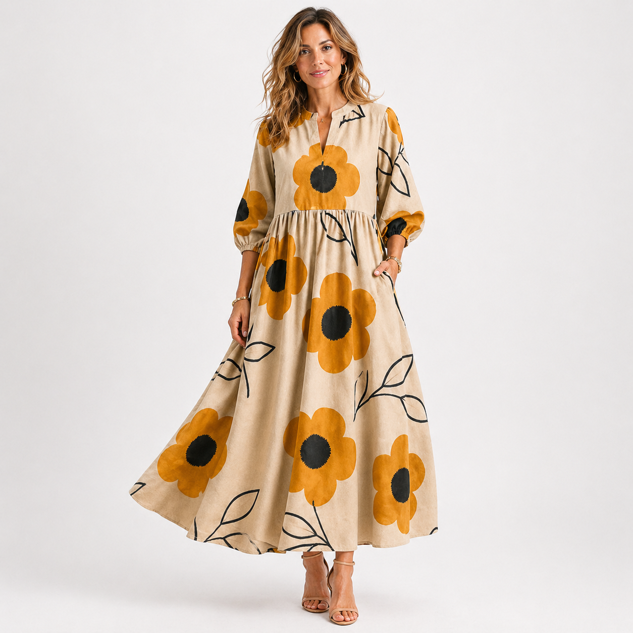 Camille Renard | Floral luksus midi kjole med pufærmer