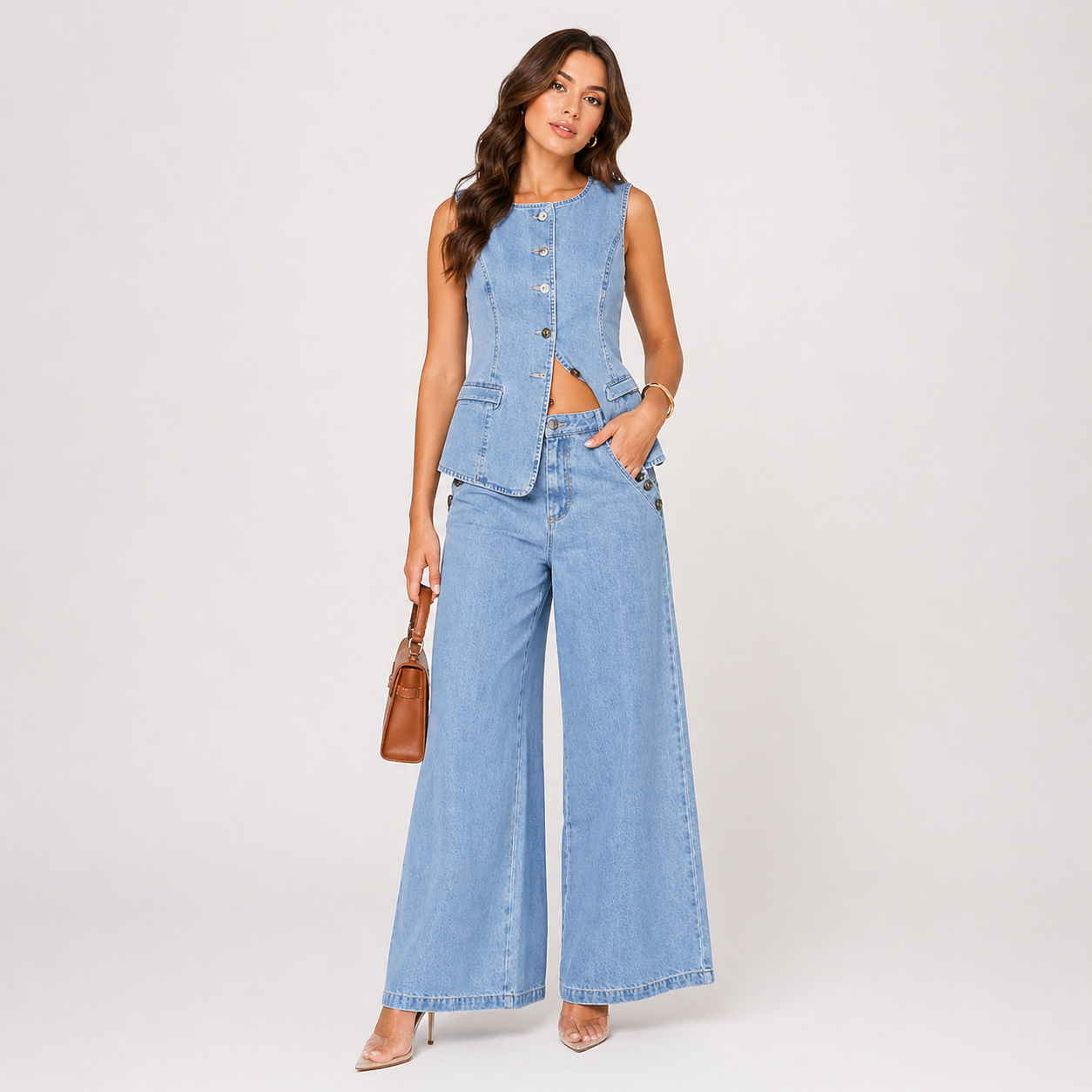 Adrienne Bellini | Denim Outfit Sæt med Figursyet Top og Wide-Leg Bukser
